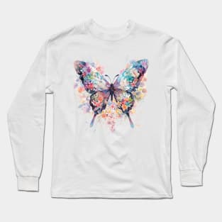 Floral Symphony: Vibrant Watercolor Butterfly in Detailed and Symbolic Illustration Long Sleeve T-Shirt